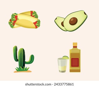 Mexican Food Illustration Clip Art Set, Mexican Delicious Food Template. Mexico Tomato, Vegetable Pepper Margarita With Spicy