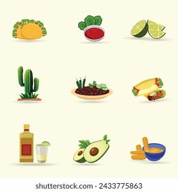 Mexican Food Illustration Clip Art Set, Mexican Delicious Food Template. Mexico Tomato, Vegetable Pepper Margarita With Spicy