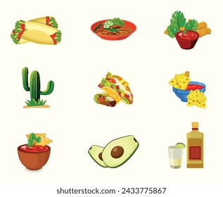 Mexican Food Illustration Clip Art Set, Mexican Delicious Food Template. Mexico Tomato, Vegetable Pepper Margarita With Spicy