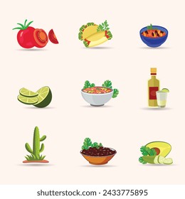 Mexican Food Illustration Clip Art Set, Mexican Delicious Food Template. Mexico Tomato, Vegetable Pepper Margarita With Spicy