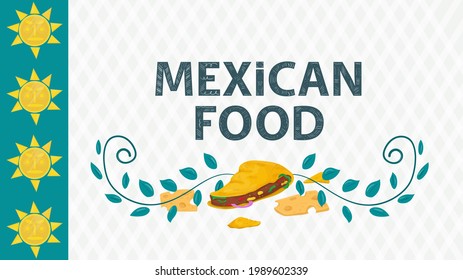 Mexican food illustration for decoration, in flat style, lettering name, taco tortilla and pieces of cheese among the twigs