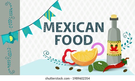 Mexican food illustration for flat design, label name, Tequila bottle with lime slice sprinkled with salt