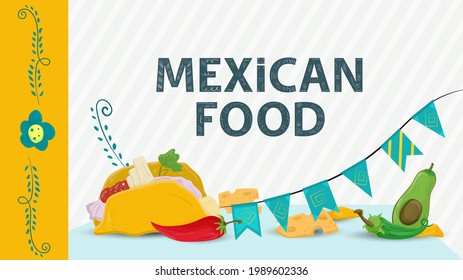 Mexican food illustration for flat style decoration, caption name, taco tortilla lies next to pepper and flags