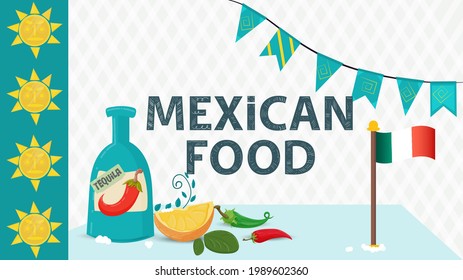 Mexican food illustration for flat style decoration, name label, tequila drink bottle and national flag