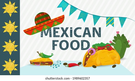 Mexican food illustration for flat-style decoration, lettering the name with a sombrero hat on, and taco tortillas stuffed with red and green peppers