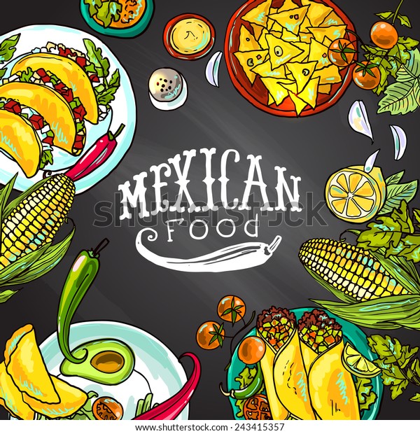 黒板の上のメキシコの食べ物 イラスト のベクター画像素材 ロイヤリティフリー