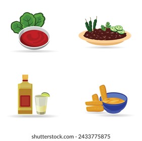 Mexican Food Illustration Vector Set, Mexican Delicious Food Template. Traditional Tasty Salsa Drink With Vegetable Spicy Isolated Illustration Element.