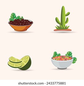 Mexican Food Illustration Vector Set, Mexican Delicious Food Template. Traditional Tasty Salsa Drink With Vegetable Spicy Isolated Illustration Element.