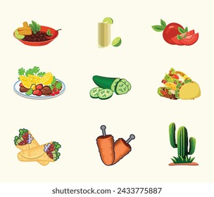 Mexican Food Illustration Vector Template, Salsa Drink With Vegetable Lime Spicy Element Menu. Mexican Delicious Food Template. Tomato Pepper Chili Tasty 