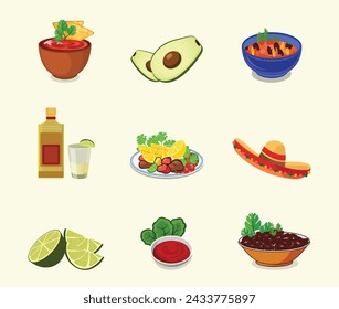 Mexican Food Illustration Vector Template, Salsa Drink With Vegetable Lime Spicy Element Menu. Mexican Delicious Food Template. Tomato Pepper Chili Tasty  