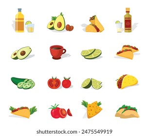 Plantilla De Vector De Ilustración De Comida Mexicana, Bebida De Salsa Con Fruta Vegetal Lima Picante Elemento Menú. Plantilla Mexicana de Comida Deliciosa. Tomate Pimiento Chile Sabroso