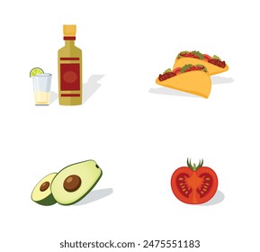 Plantilla De Vector De Ilustración De Comida Mexicana, Bebida De Salsa Con Fruta Vegetal Lima Picante Elemento Menú. Plantilla Mexicana de Comida Deliciosa. Tomate Pimiento Chile Sabroso