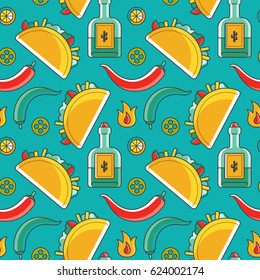 Mexican food illustrations seamless pattern. Colorful fast food background with burrito and tequila.