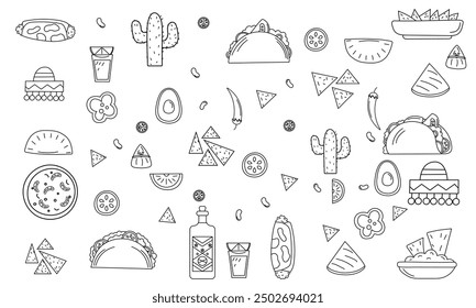 Mexican food illustrations set - burrito, tacos, quesadilla for restaurant.