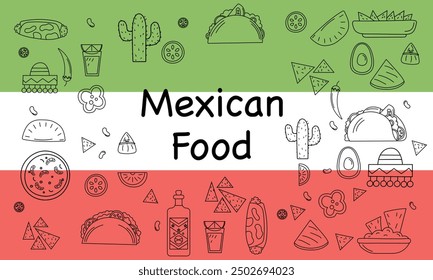 Conjunto de ilustraciones de comida mexicana - burrito, tacos, quesadilla para restaurante.