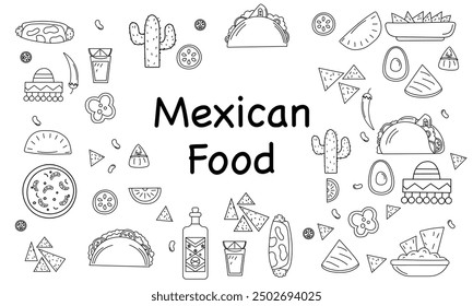 Conjunto de ilustraciones de comida mexicana - burrito, tacos, quesadilla para restaurante.