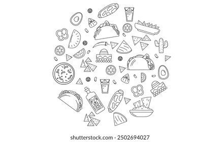 Mexican food illustrations set - burrito, tacos, quesadilla for restaurant.