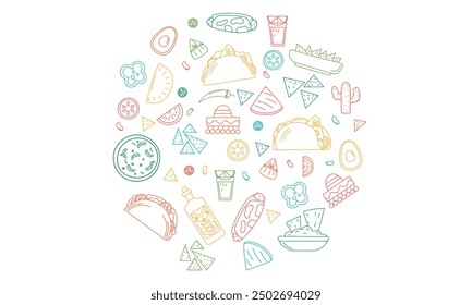 Mexican food illustrations set - burrito, tacos, quesadilla for restaurant.