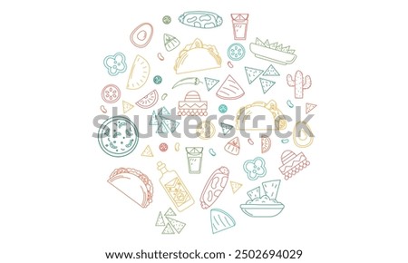 Mexican food illustrations set - burrito, tacos, quesadilla for restaurant.