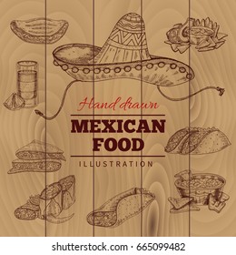 Mexican food including tequila nacho taco and national hat on wooden planks background hand drawn vector illustration