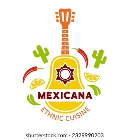 Mexican food label, emblem, badge or logo with guitar vector colored illustration isolated on white background