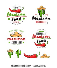 Mexican food labels, badges and design elements. Hot peppers, sombrero and cactus drawings in flat style. Color print on white background