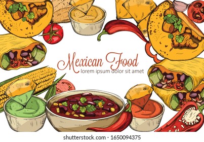Mexican food line art composition with corn, hot pepper, taco and spicy bean soup. Place for text. Vector