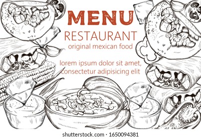 Mexican food line art composition with corn, hot pepper, taco and spicy bean soup. Menu template for restaurant. Sketch style. Place for text. Vector