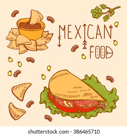 Mexican food logo design template. tacos, burritos for menu. Hand drawn illustration for your business with text "Mexican food"