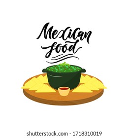 Mexican food logo. Hand lettering. Texture text. Nachos of corn , guacamole, pepper sauce on wooden stand. Isolated vector. Cuisine of world. For book of recipe, restaurant menu, online shop, store