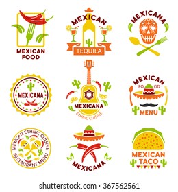 Mexican food logo, labels, emblems and badges, set of vector templates isolated on white background. Mexican ethnic cuisine vector illustration. Restaurant menu design elements 