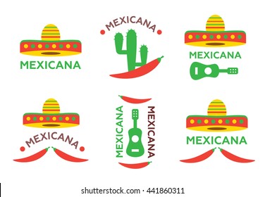 Mexican food logo, labels, emblems and badges set. Sombrero and tequila bottle, guitar element eps10