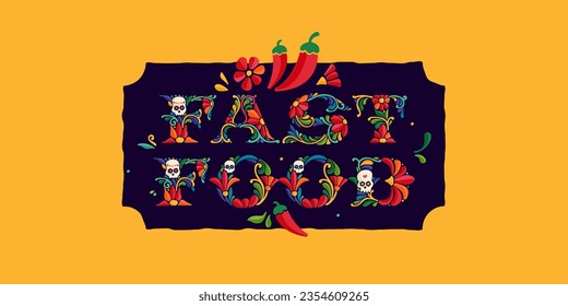 Logo de comida mexicana con golondrinas. Las hojas tradicionales aztecas y las flores adornan el bordado. Plantilla de diseño vectorial para comida folclórica, fiestas, carnaval y fiesta.