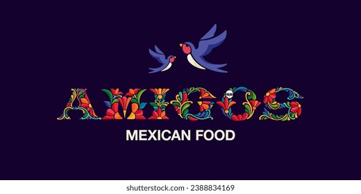 Mexican food logo with swallows. Traditional Aztec leaves and flowers embroidery ornament. Vector design template for folk Spanish food, holidays, carnival, and party.