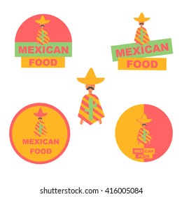 Mexican food logo traditional  cafe restaurant and bar flat bright color banner set isolated vector illustration with labels, emblems and badges set. Sombrero and cactus element, vector illustration. 