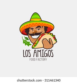 Mexican food logo. Vector logo design template. Male with taco