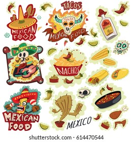 Mexican food logos and icons vector set. Nachos, tequila bottle sombrero, burritos, chili, corn, cactus, skull, sombrero, and others. Hand draw cartoon illustration.