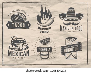 Mexican food logos. Vector badges with traditional mexican cuisine. Emblems for tacos, burritos, nachos, tequila. Set of labels for cafe, restaurant or taqueria on vintage craft paper background