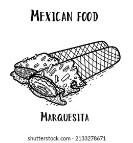 Mexican food Marquesita. Hand drawn black and white vector illustration in doodle style.