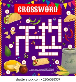 Mexican food and meals crossword grid worksheet. Find a word vector quiz game and education puzzle. Cartoon tex mex taco, burrito, nachos, chilli and jalapeno peppers, avocado, quesadilla and mate