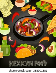 Mexican Food Menu Card with Traditional Spicy Meal on Chalkboard Background. Fajitas. Vector Illustration.