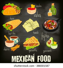 Mexican Food Menu Card with Traditional Spicy Meal on Chalkboard Background. Vector Illustration.