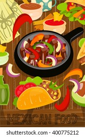 Mexican Food Menu Card With Traditional Spicy Meal On Wooden Background. Fajitas. Vector Illustration.