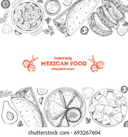 Mexican food menu design template. Mexican food vector illustration with burrito, tacos, nachos, quesadilla and bean soup.