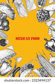 Mexican Food. Menu. Hand-drawn illustration of dishes and products. Ink. Vector 