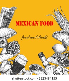 Mexican Food. Menu. Hand-drawn illustration of dishes and products. Ink. Vector 