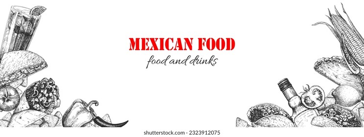 Mexican Food. Menu. Hand-drawn illustration of dishes and products. Ink. Vector 