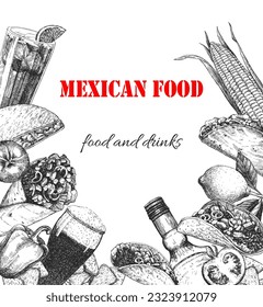 Mexican Food. Menu. Hand-drawn illustration of dishes and products. Ink. Vector 
