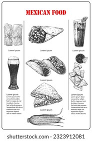 Mexican Food. Menu. Hand-drawn illustration of dishes and products. Ink. Vector 