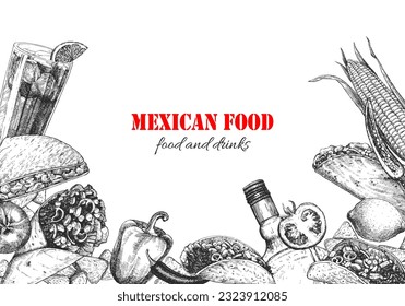 Mexican Food. Menu. Hand-drawn illustration of dishes and products. Ink. Vector 